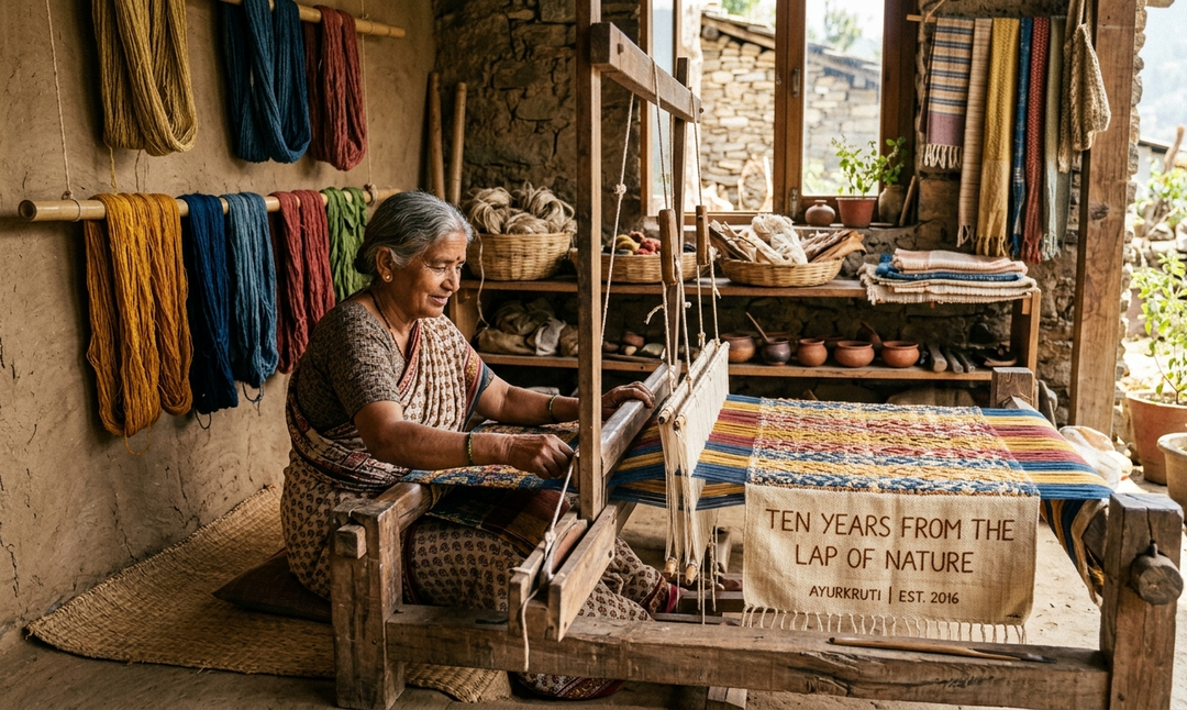 Ayurkruti 10th anniversary celebration featuring sustainable fashion, plant-based fabrics, natural dyes, traditional Indian artisans, and eco-friendly textile craftsmanship.