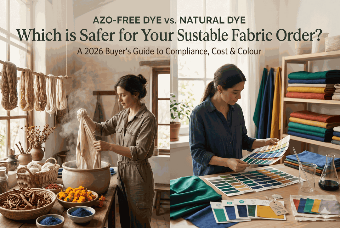 Infographic for Azo-Free vs. Natural Dye, split scene of natural fabric dyeing and synthetic colour matching with swatches.