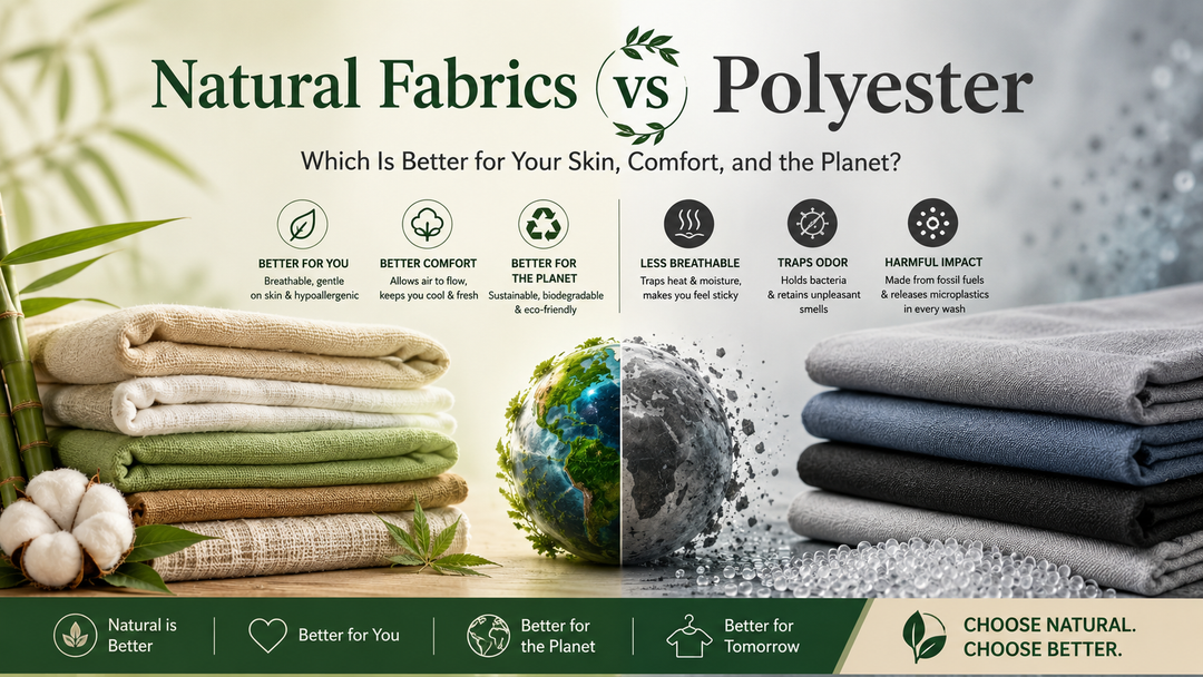 Natural fabrics vs polyester comparison showing breathability, skin comfort, sustainability, and environmental impact