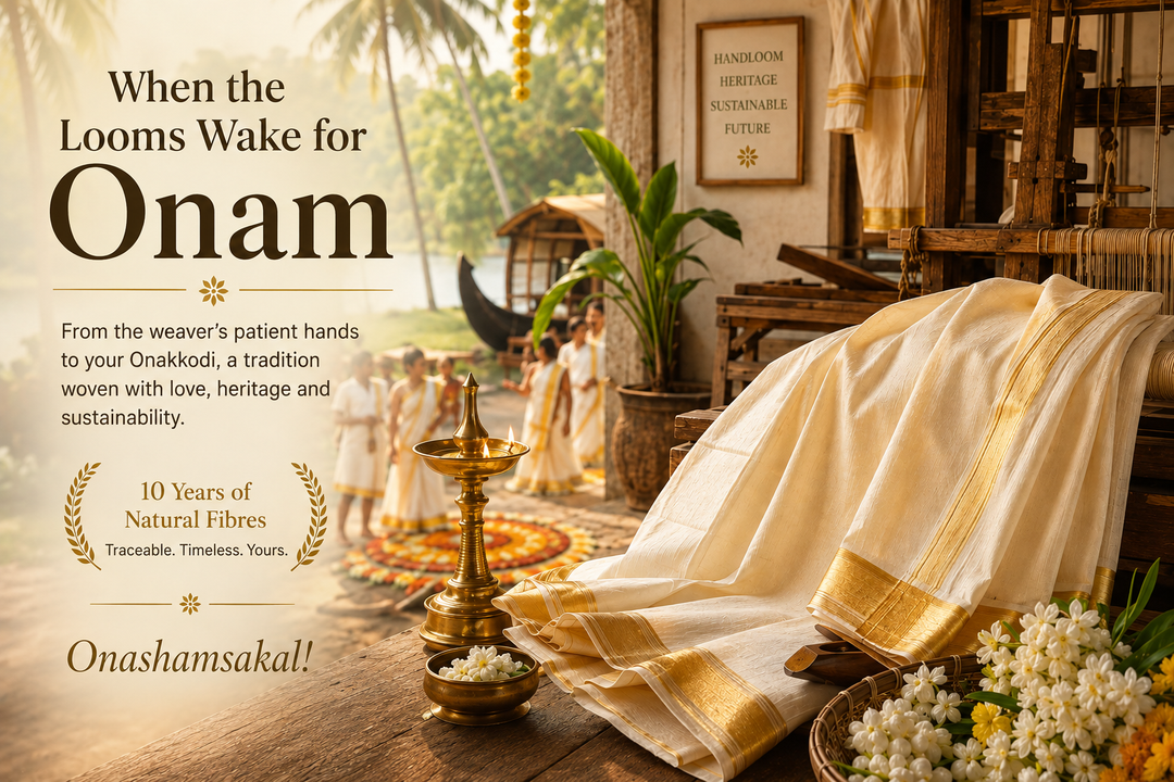 Kerala handloom weaver’s kasavu fabric and traditional loom during Onam